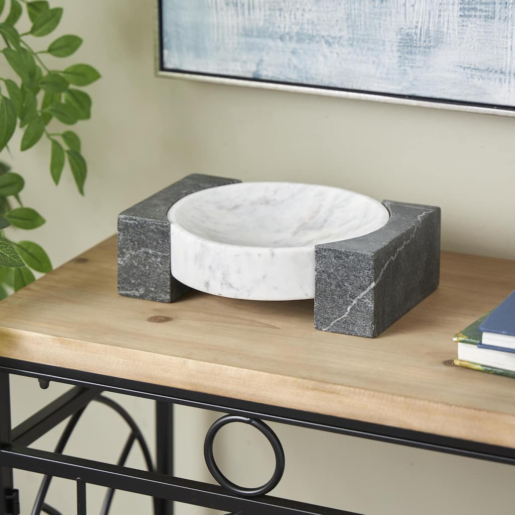 White Marble Round Geometric Living Room Decor Tray with Black Rectangular Blocks