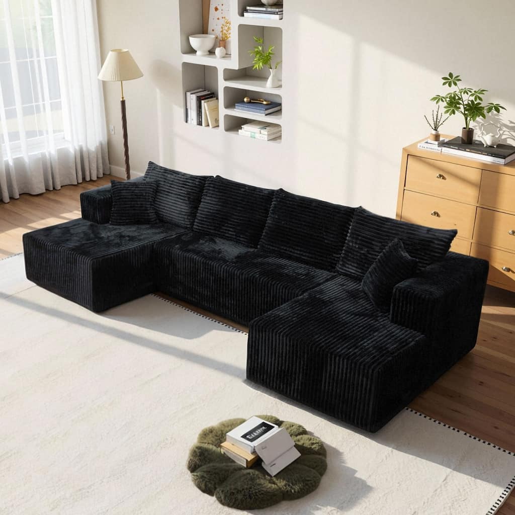 132.2" U-shaped Corduroy Sectional Sofa, No Assembly Required
