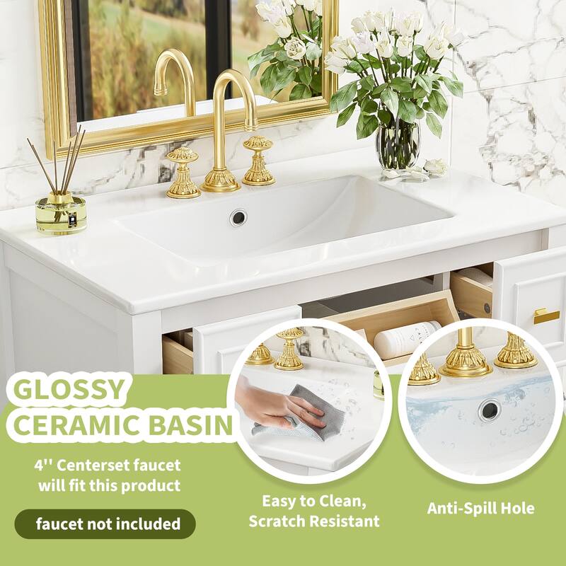 Bathroom Vanity with Ceramic Sink, Bathroom Storage Cabinet with 5 Drawers, Bathroom Vanity Set with Open Shelf