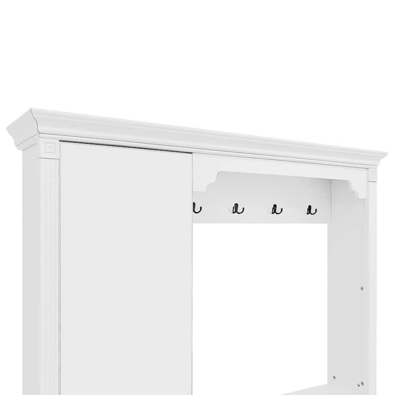 Anmytek White 54.7'' Hall Tree with Integrated Shoe Cabinet and Mirrored Cabinet Door