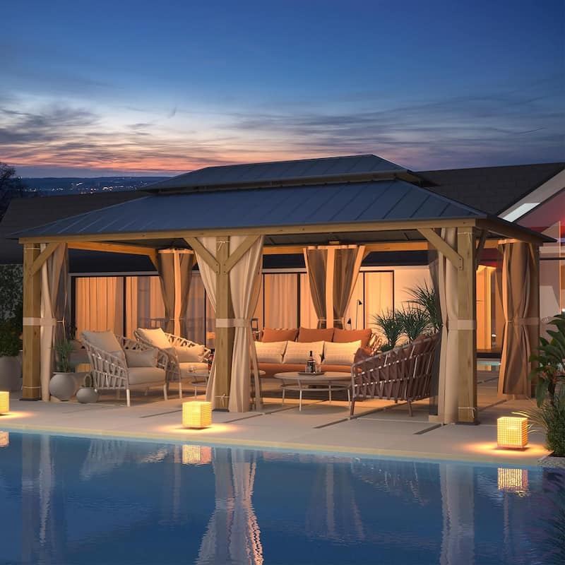 Hardtop Wood Gazebo for Patio, Outdoor Cedar/Spruce Pergola with Metal or Asphalt Roof, All-Weather Backyard Shelter