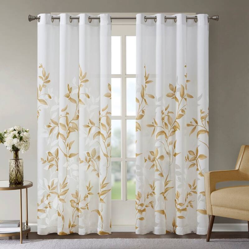 Rossetta Modern contemporary Semi-sheer base fabric botanical print burnout curtain, Only 1 Piece Panel - 50"W x 84"L - Gold+Ivory
