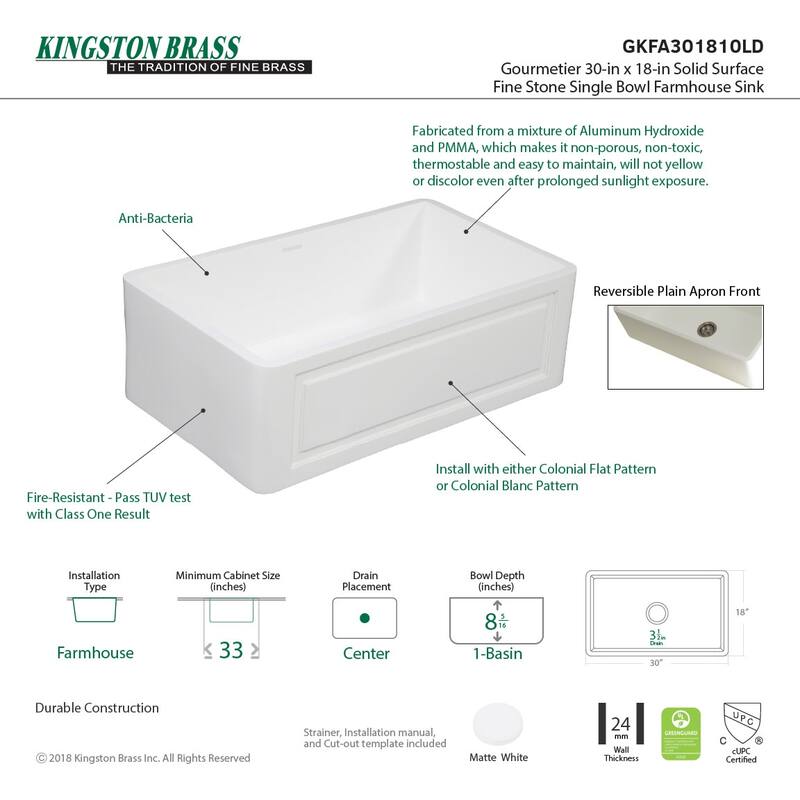 Kingston Brass Arcticstone 30" Farmhouse Single Basin Stone Composite