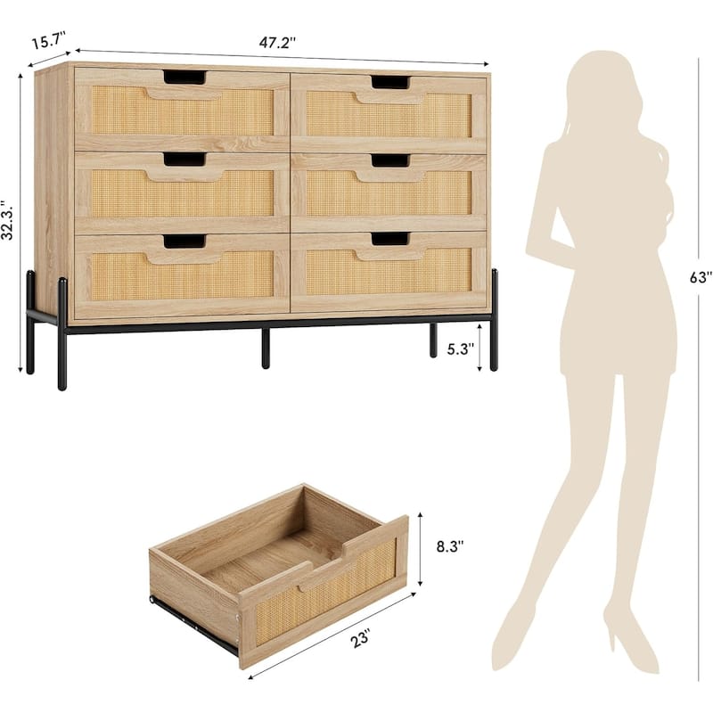 Natural Rattan 6 Drawer Dresser Boho Dresser with Chest of Drawers Modern Storage Cabinet