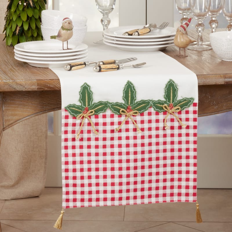 Christmas Table Runner With Buffalo Plaid Holly Design - Red/Green