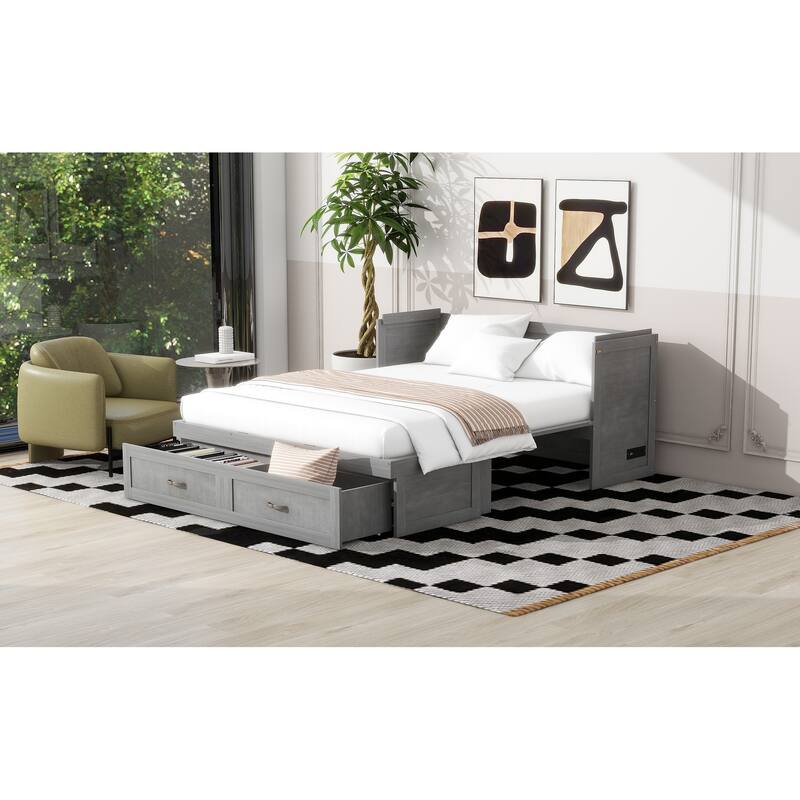 Space-Saving Design Murphy Bed with USB Ports, Large Drawers and Metal Handles