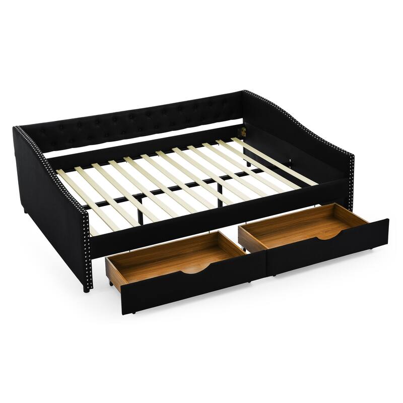 Tufted Button Daybed with 2 Storage Drawers/Upholstered Sofa Bed Frame w/Copper Nail on Waved Shape Armrests/No Spring Box Need