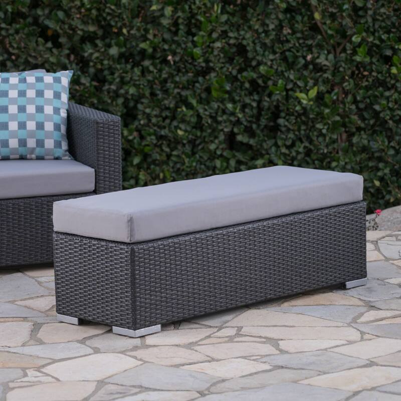 Roomfitters Outdoor Wicker Patio Bench with Cushioned Seat, Rectangular Rattan Ottoman, Poolside Seating for Garden, Grey