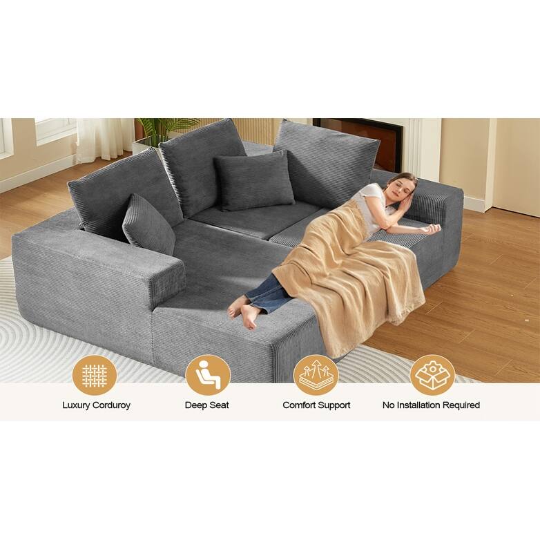 Modular Sectional Sofa with L Shape Chaise Lounge, Corduroy Upholstered 3 Seater Sofa, Deep Seat Cloud Sofa with Pillows