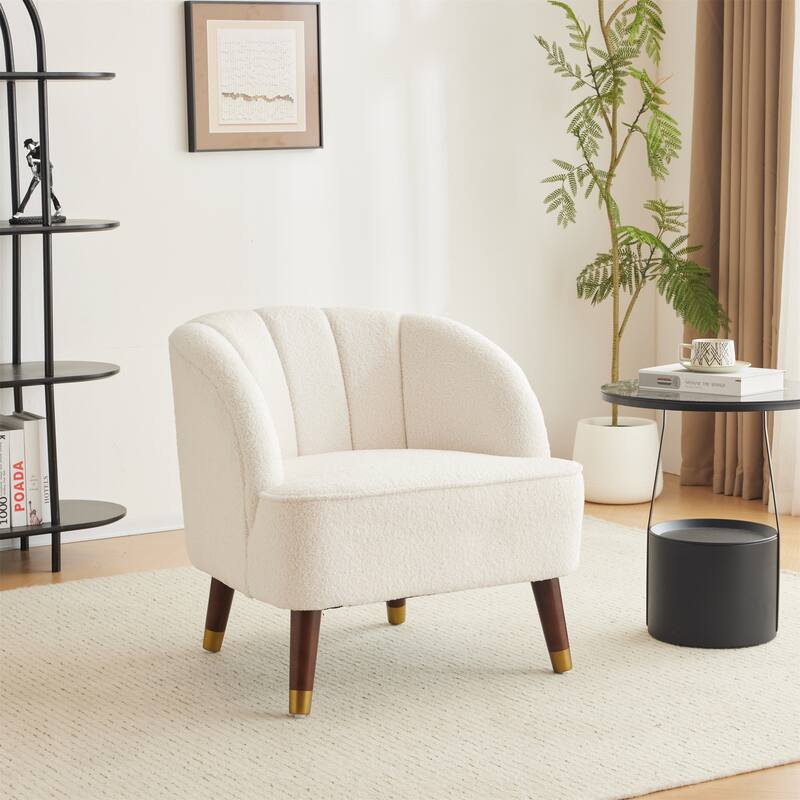 Upholstered Barrel Accent Chair With Wooden Legs - White