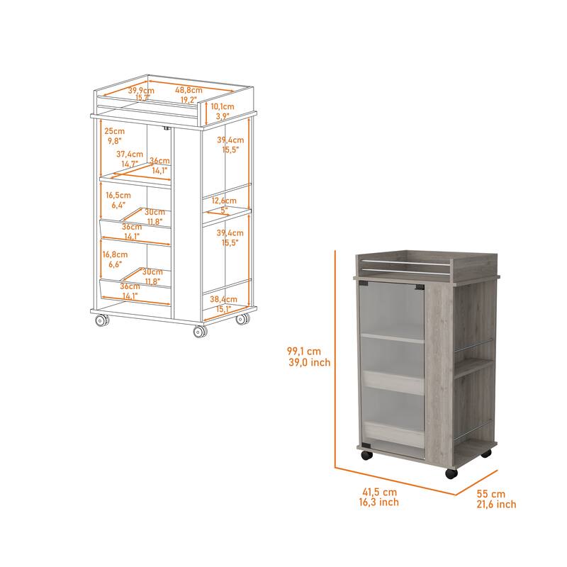 Baltimore Bar cart with Casters, Glass Door and 2-Side Shelf