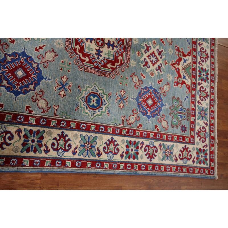 Blue Geometric Kazak Oriental Area Rug Hand-Knotted Wool Carpet - 5'0" x 6'6"