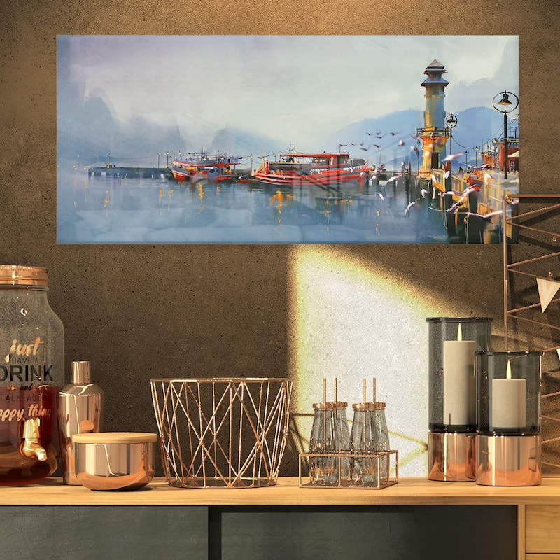 Designart 'Fishing Boats in Harbor' Landscape Metal Wall Art