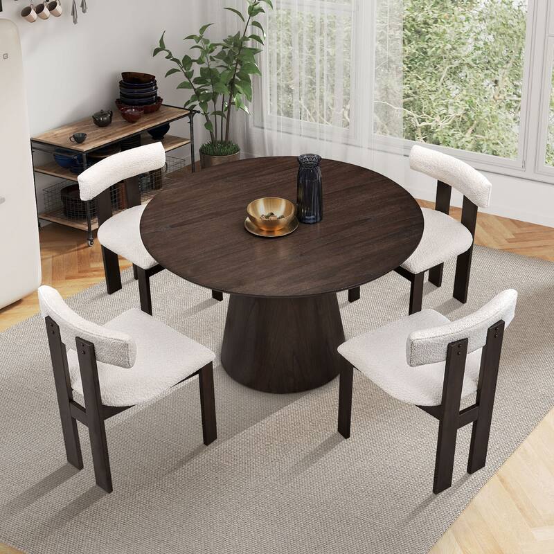 2 PCS Wooden Dining Chairs, Modern Boucle Upholstered Mid Century Side Chairs with Open Back