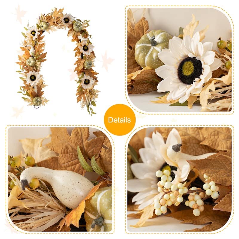 Glitzhome 5-Piece Fall Multi-Colored Sorghum Sunflower Pumpkin Wreath & Garland & Porch Tree Set