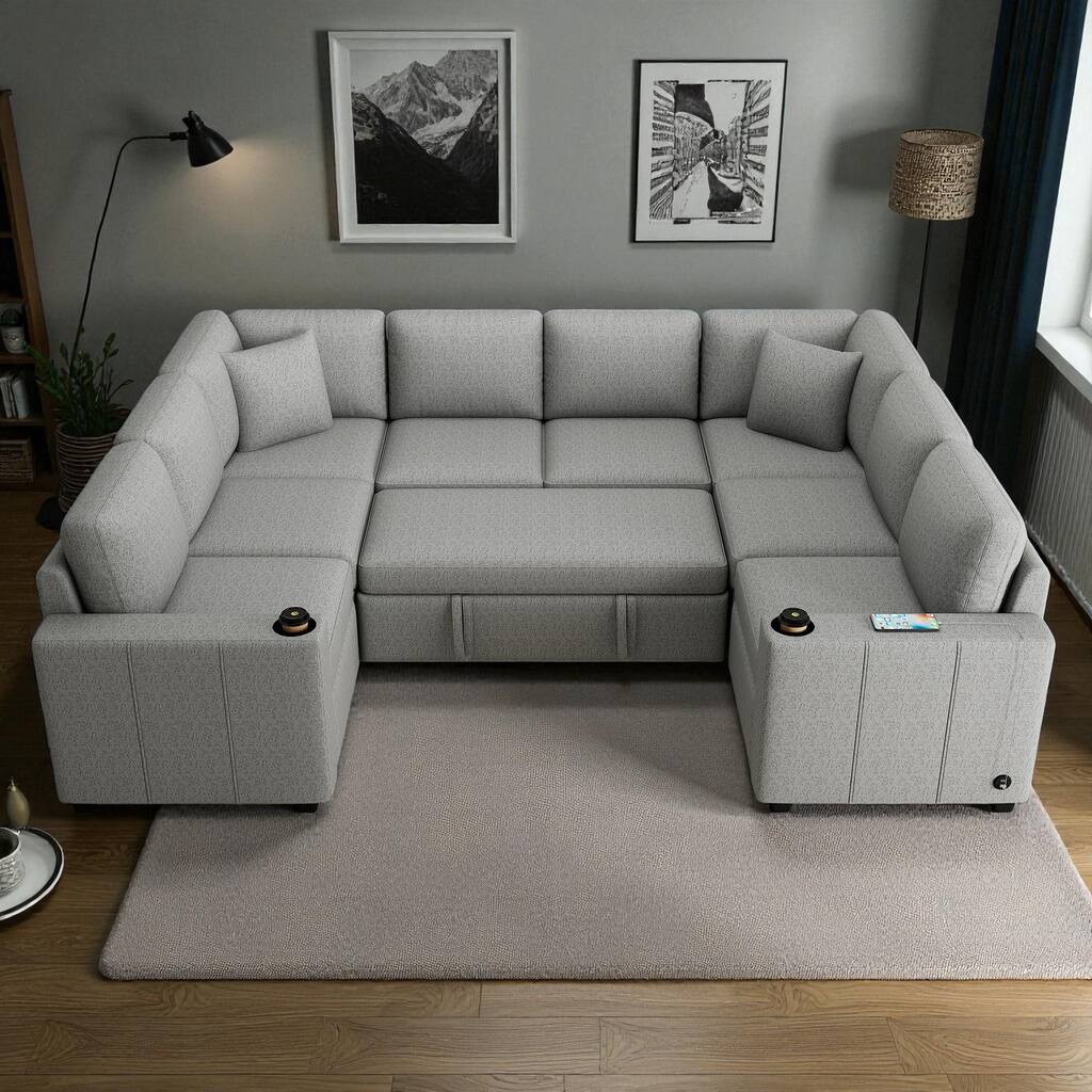 107.1" Convertible Sectional Sofa Pull-Out Sleeper U-Shaped Chenille Couch with USB Ports Cup Holders and Pillows
