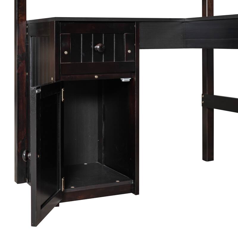 Twin Size Loft Bed with Desk, Storage Drawers, and Shelves, Solid Pine Wood Frame