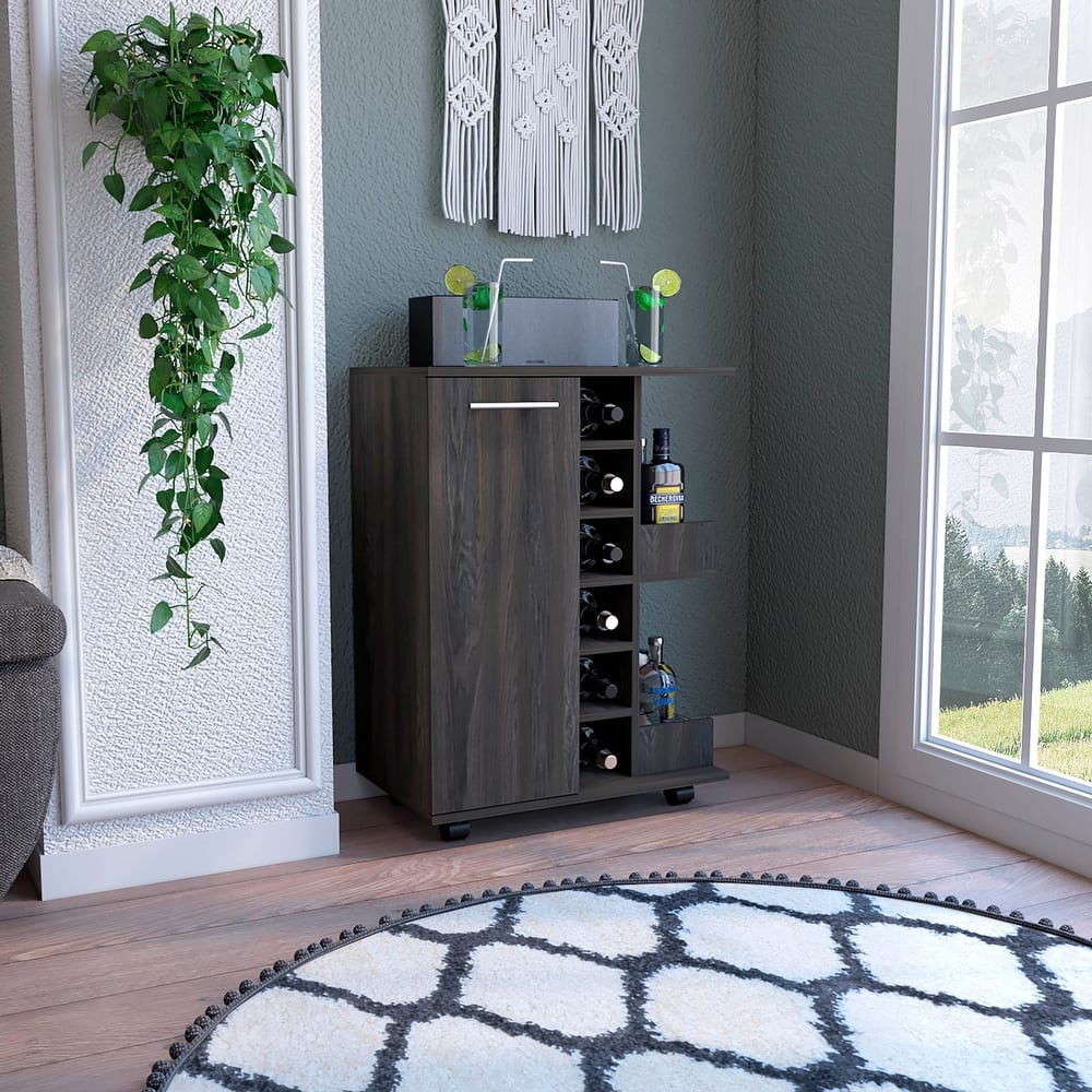 Bar Cart Wells And Four Casters With Six Wine Cubbies