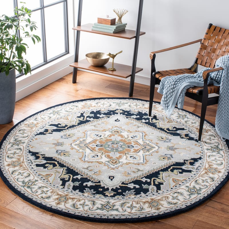 SAFAVIEH Handmade Heritage Asia Traditional Oriental Wool Rug - 8' Round - Grey/Navy