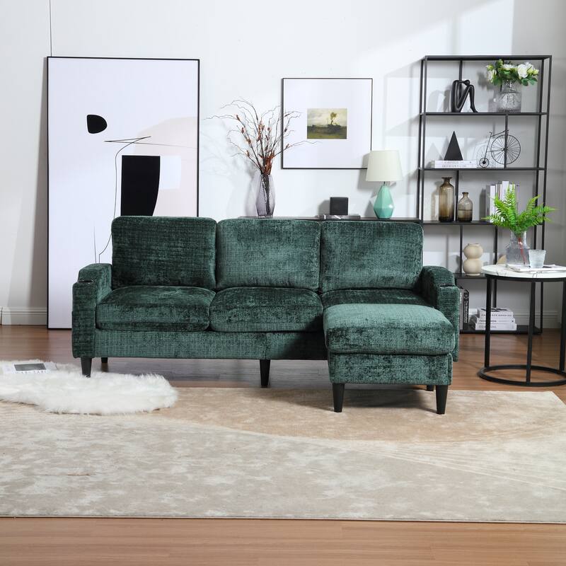Modular Sectional Sofa with Storage Ottoman, Comfy Chenille Fabric Sofa, 3-Seater Sofa with Side Pockets & 2 Cup Holders