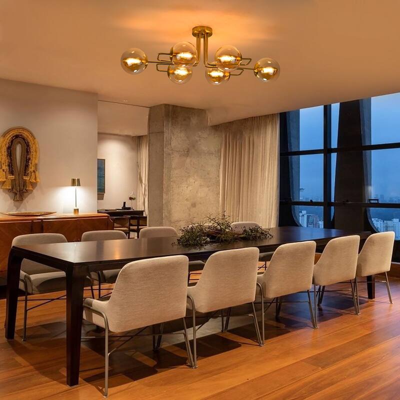 Mid - Century Modern 4 - Light Chandelier, Brass Frame with Amber - Tinted Glass Globes