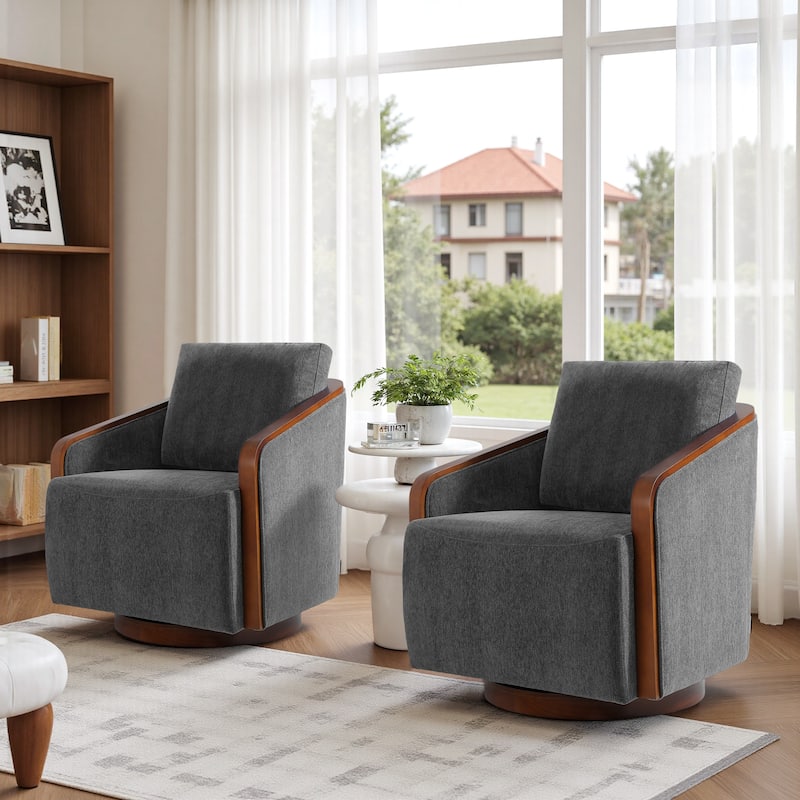 Chenille Modern 360°Swivel Barrel Chair Wood Base (Set of 2)