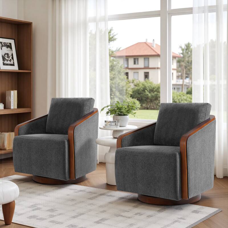 Set of 2 Modern 360° Swivel Accent Barrel Chairs with Wood Arms - Dark Grey