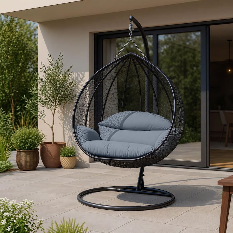 2-Person Outdoor Hanging Egg Chair with Teardrop Frame, Weather-Resistant Cotton Cushioned Seat for Patio and Indoor Use