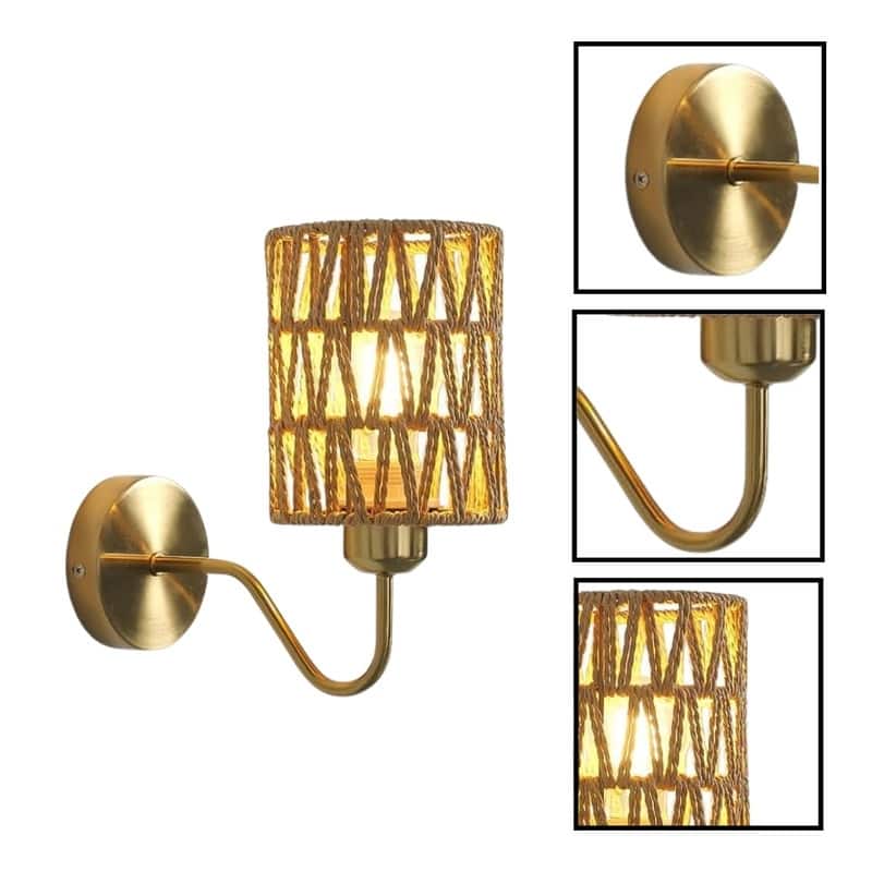 2 Pack bulb light gold light fixtures metal, rattan wall light