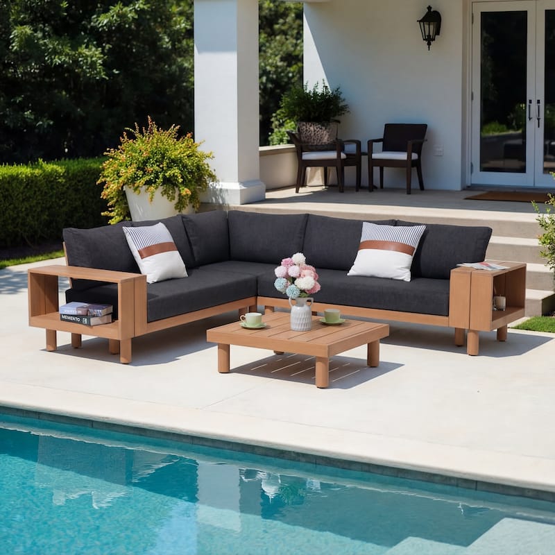Outdoor 4-Piece Conversation Set Solid Eucalyptus Wood L-Shaped Sectional Sofa with Coffee Table