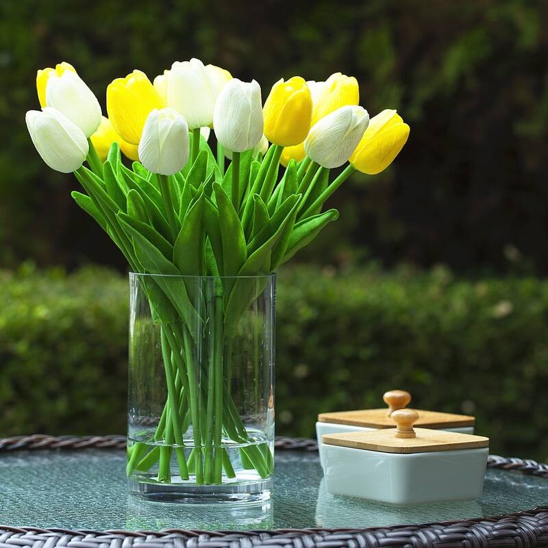 Enova Home 20 Pieces Artificial Real Touch Tulips Fake Silk Flowers Arrangement in Glass Vase with Faux Water for Home Decor