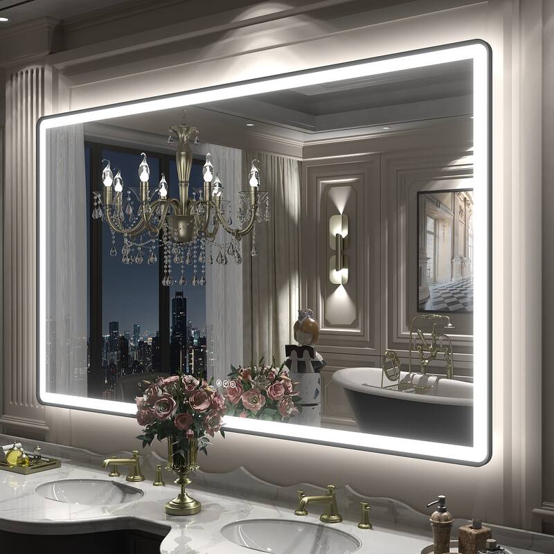 UL Certified Front & Back LED Anti-Fog Tempered Glass Framed Bathroom/Vanity Mirror 3-Year Warranty - 60" x 28"-Rounded Corner - Black