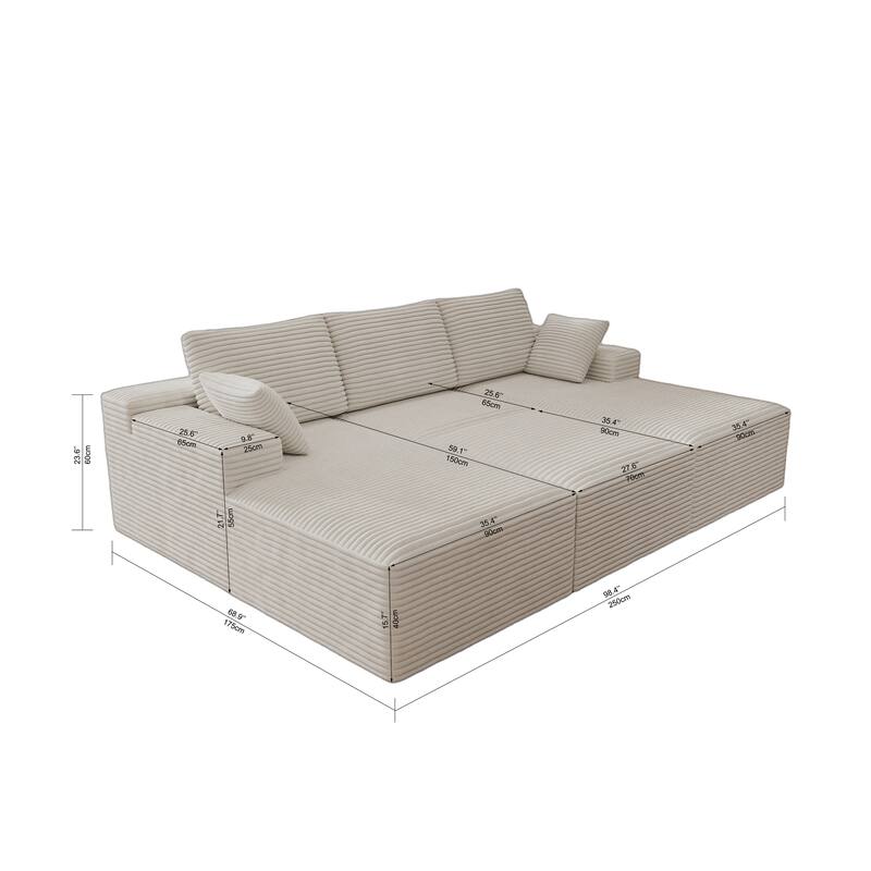 Roomfitters 98.4" Modular Sectional Sofa, 4-Piece Compressed Cloud Couch, No Assembly Required, Plush Corduroy, White