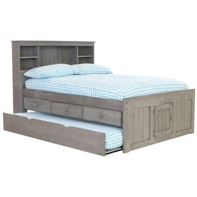 OS Home and Office Furniture Solid Pine Full Captains Bookcase Bed with 3 drawers and a Twin Sized Trundle in Charcoal Gray