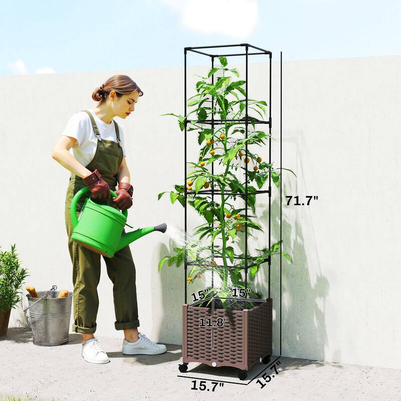 Outsunny Raised Garden Bed with Trellis, 71.7" Tomato Cage with Lockable Wheels, Self Watering Outdoor Planter Box