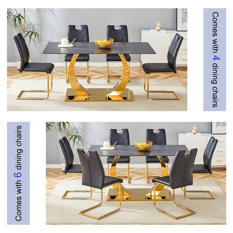 Black Texture Dining Table Set with O-Shaped Legs, PU Leather Chair with C-shaped Bases, Scratch-Resistsnt, Anti Slip Feet