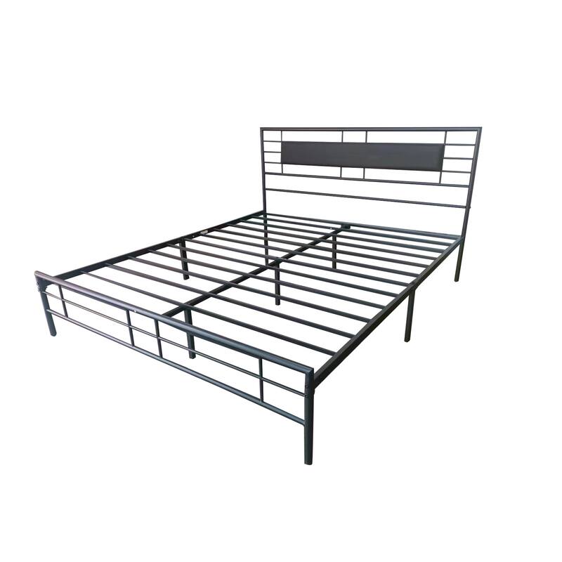 NNV Full Size Platform Metal Bed Frame with Leather Upholstered Headboard