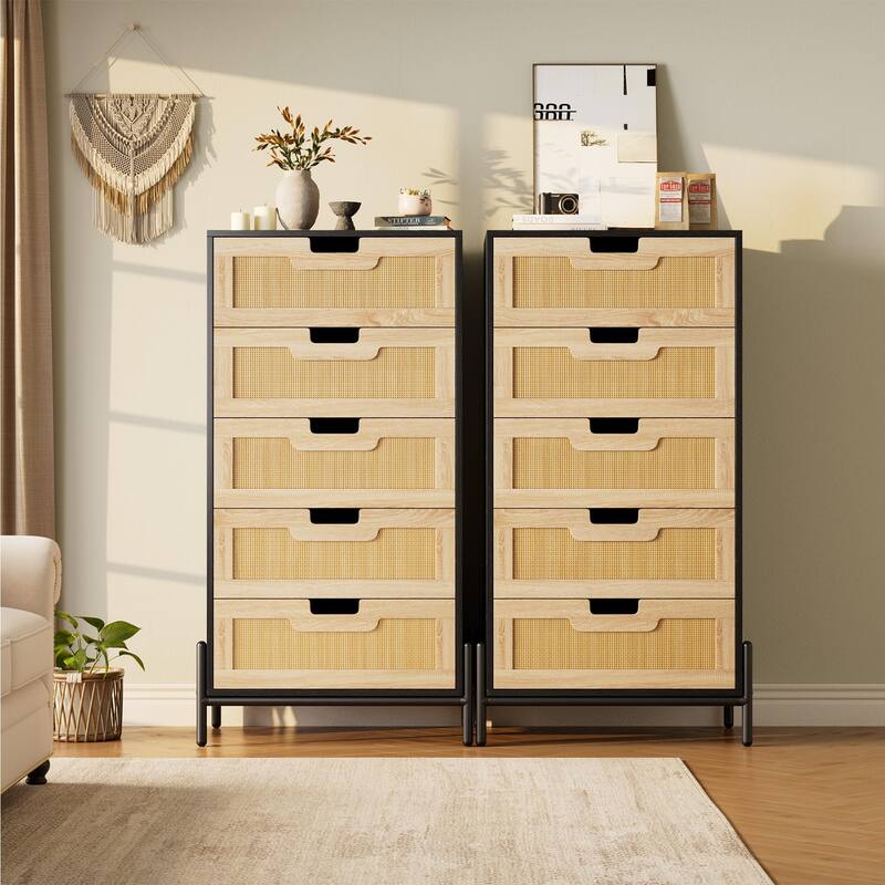 5/6 Drawer Dresser for Bedroom, Natural Rattan Modern Wooden Dresser, Farmhouse Storage Cabinet Chest