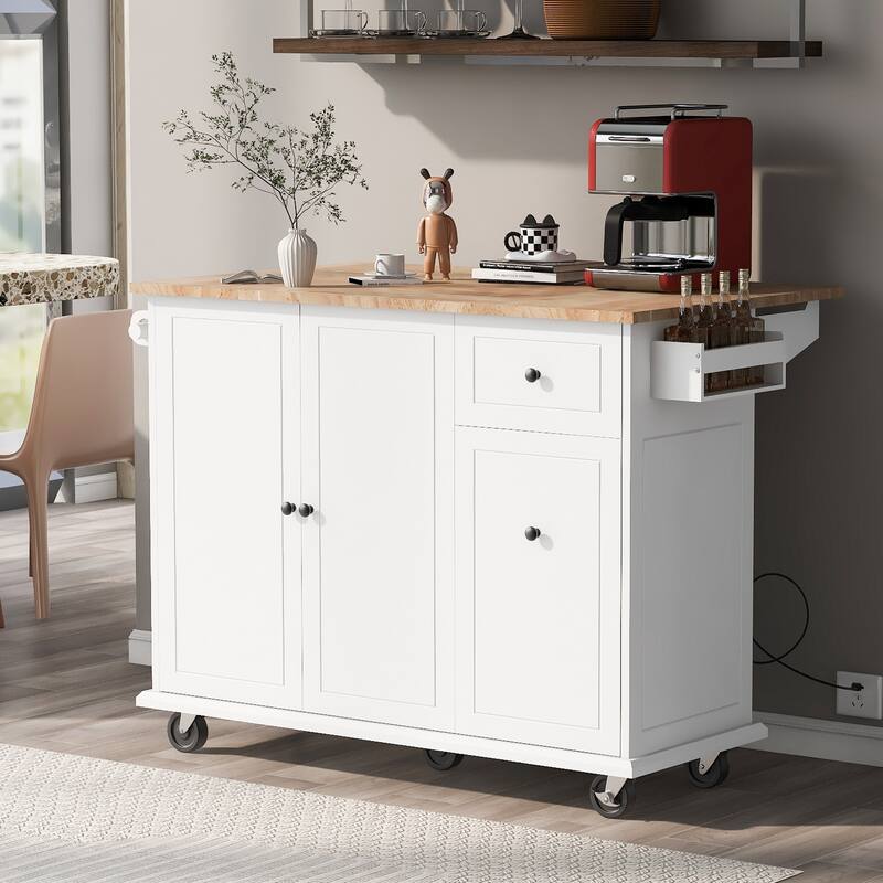 Kitchen Storage Cart on Wheels with Internal Storage Racks, Drop Leaf Rubber Wood Top & Adjustable Shelves