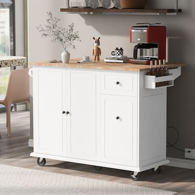 Rolling Kitchen Island with Drop Leaf, Wood Spice Storage Cabinet with Internal Storage Rack and 3 Tier Pull Out Cabinet