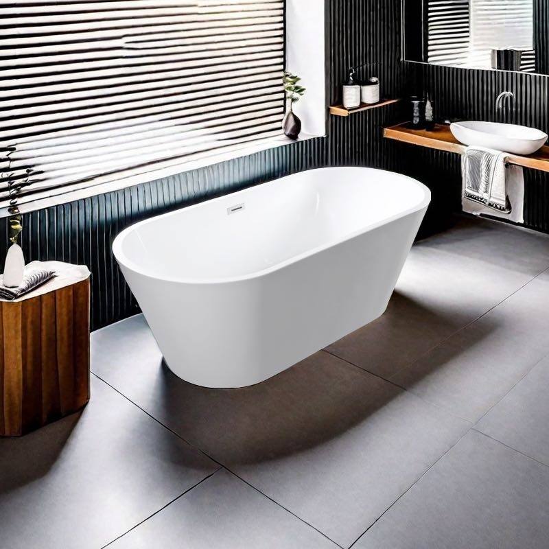 67 In. Freestanding Acrylic Soaking Bathtub with Flatbottom Design and Center Drain in Glossy White Finish