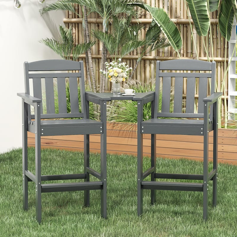 Set of 2 All-Weather HDPE Adirondack Bar Stools with Connecting Drink Tray, Tall Patio Bar Height Chairs for Poolside & Backyard