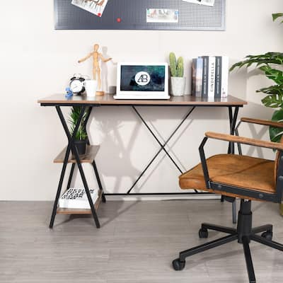 Home Office Computer Desk, Study Desk with 2 Storage Shelves, Industrial Simple Workstation Wood Table Metal Frame for PC Laptop