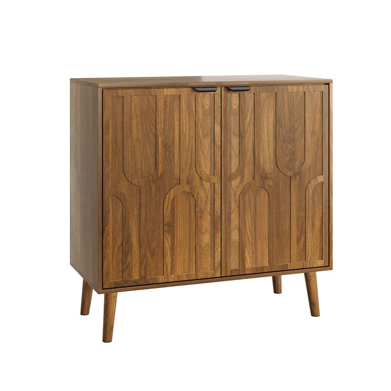 Roomfitters Mid-Century Modern Storage Cabinet with Geometric Arched Doors, Sideboard Buffet with Black Handles, Walnut