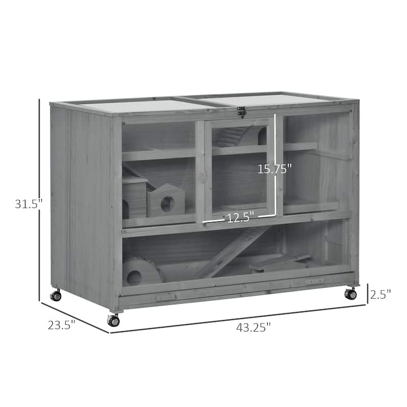 Slate Grey Fir Wood Hamster Cage 3-Tier with Plexiglass and Wheels - 43.25" L x 23.5" W x 31.5" H
