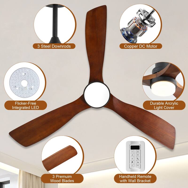 Sofucor 48/52 Inch Ceiling Fan with Light, Solid Wood Blades for Living Room, Bedroom,Smart Optional