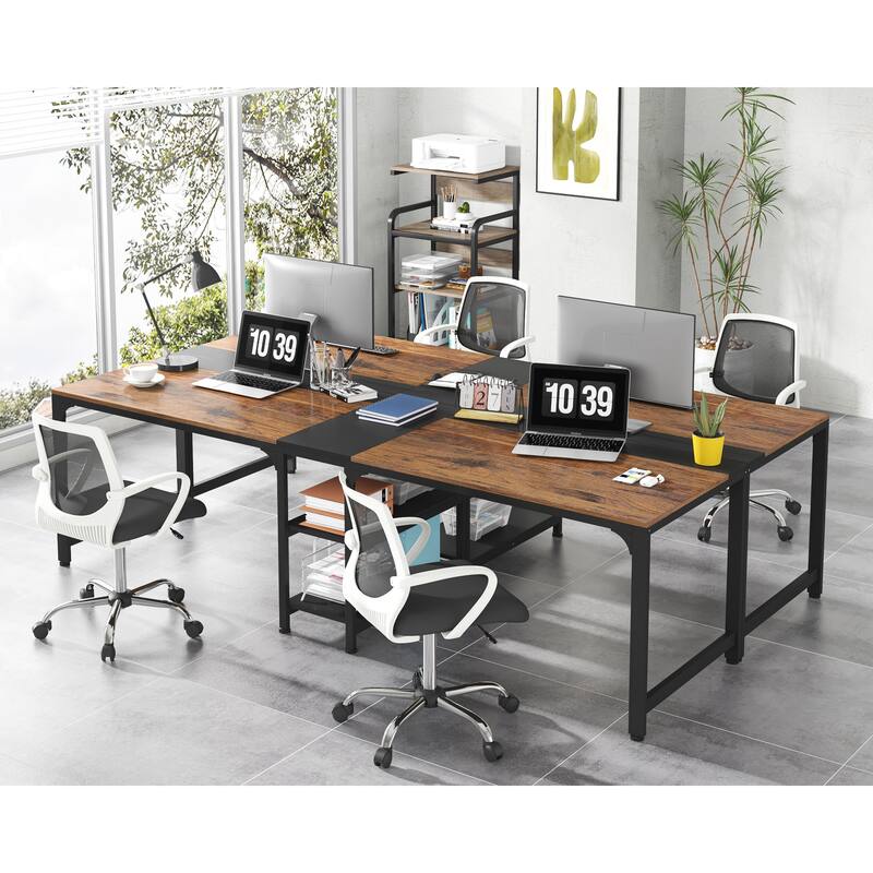 2 Person Double Computer Desk with Storage Shelves