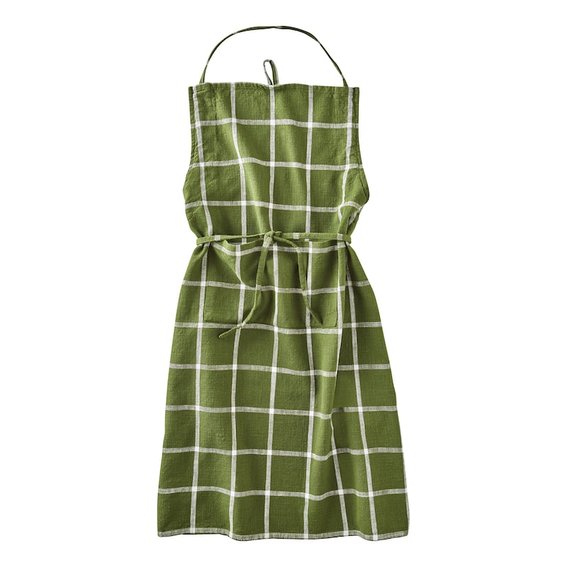 Classic Check Slub Bib Apron with Large Pocket and Waist Tie Green, One Size Fits Most, Machine Wash, Green