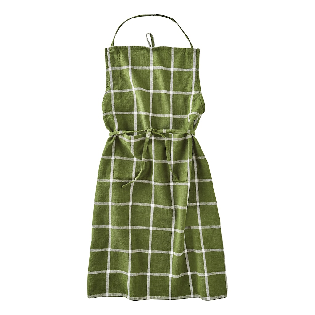 Classic Check Slub Bib Apron with Large Pocket and Waist Tie Green, One Size Fits Most, Machine Wash, Green