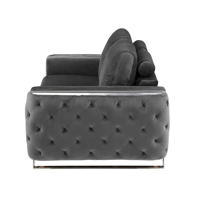HomeRoots 72" Dark Gray And Silver Velvet Loveseat